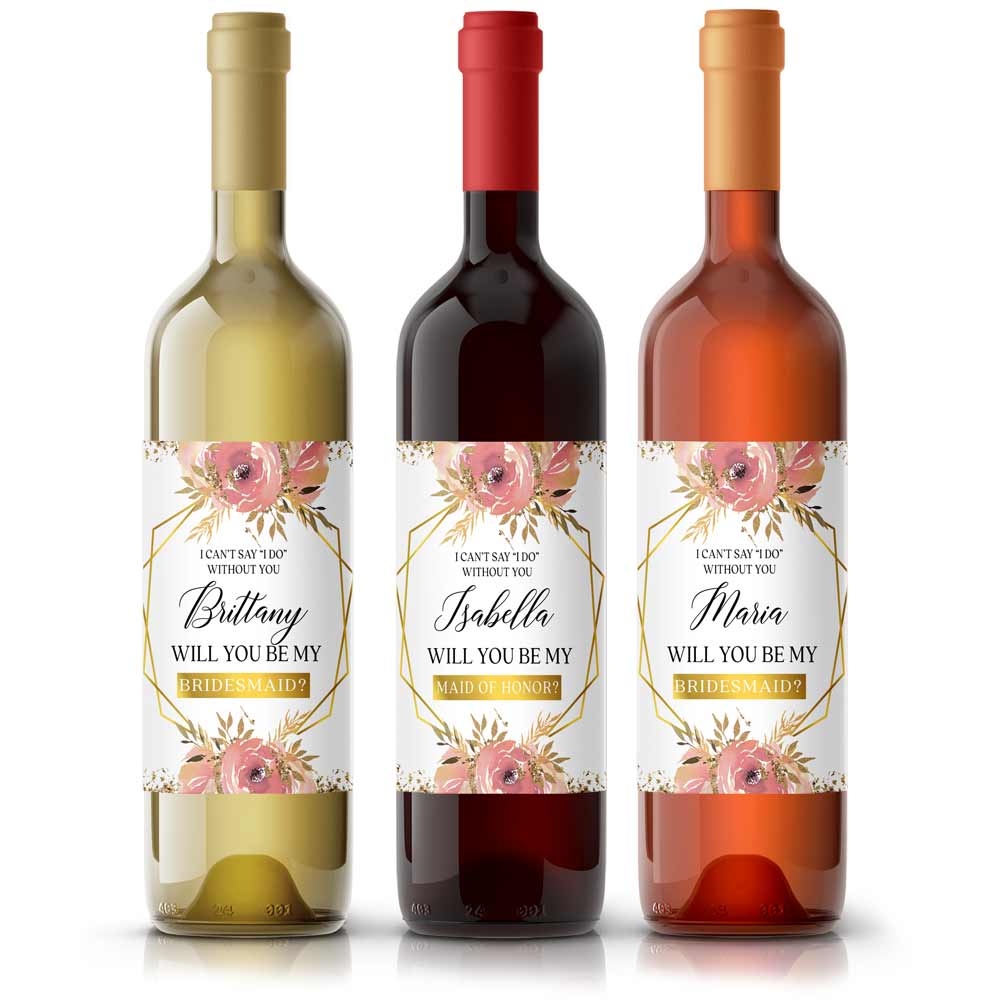 Pink Flowers with Gold Frame Bridesmaid Proposal Wine Label - XOXOKristen