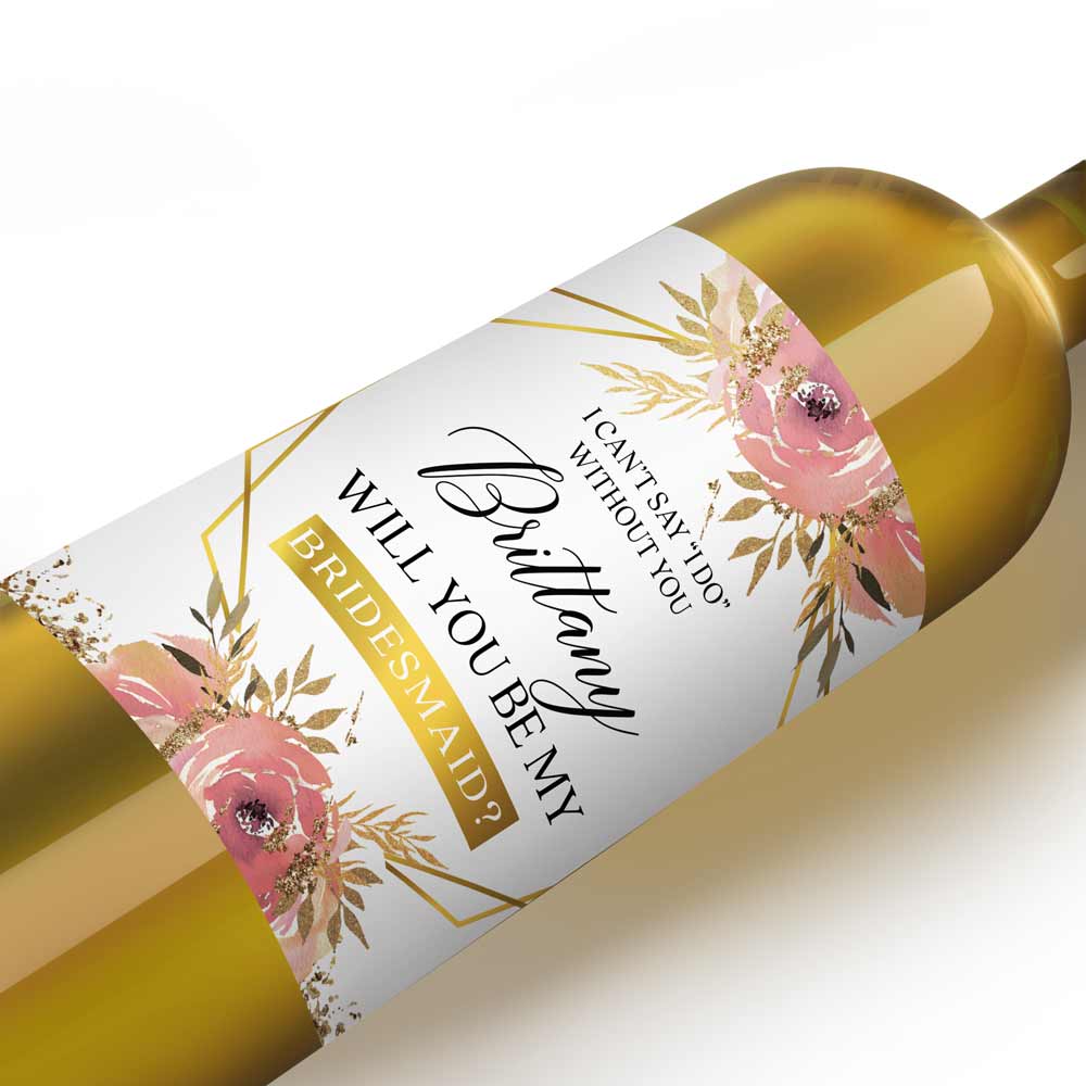 Pink Flowers with Gold Frame Bridesmaid Proposal Wine Label - XOXOKristen
