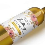 Pink Flowers with Gold Frame Bridesmaid Proposal Wine Label - XOXOKristen