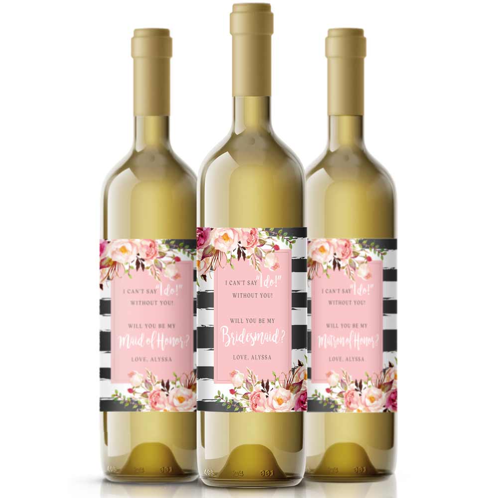 Pink Flowers with Stripes Bridesmaid Proposal Wine Label - XOXOKristen