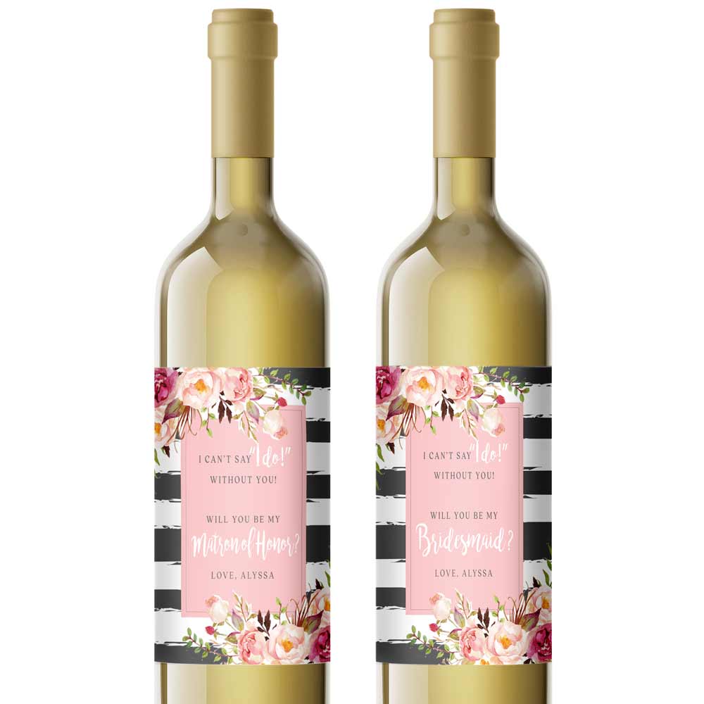 Pink Flowers with Stripes Bridesmaid Proposal Wine Label - XOXOKristen