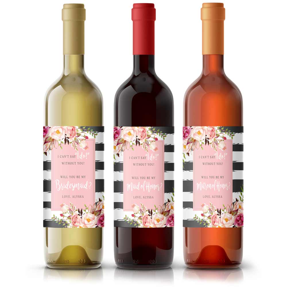 Pink Flowers with Stripes Bridesmaid Proposal Wine Label - XOXOKristen