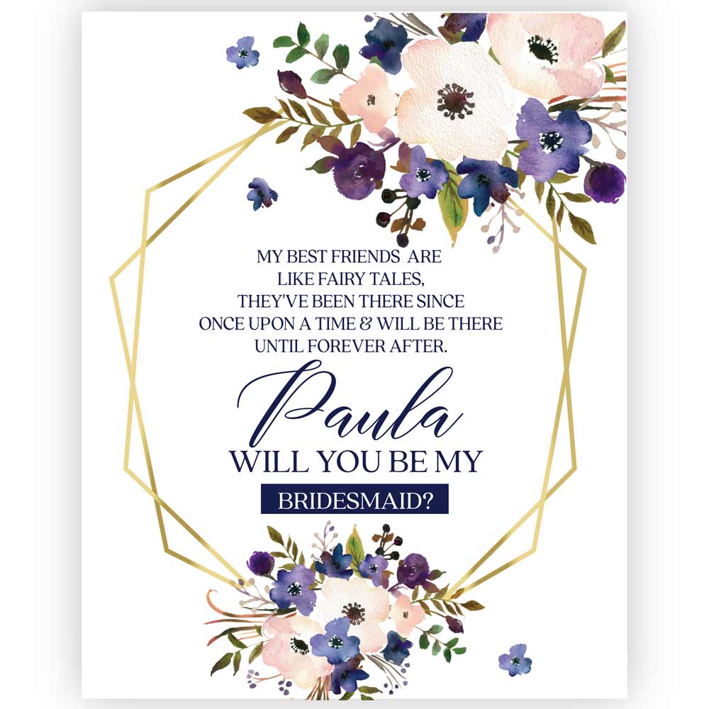 Purple Flowers with Gold Frame Bridesmaid Proposal Wine Label - XOXOKristen