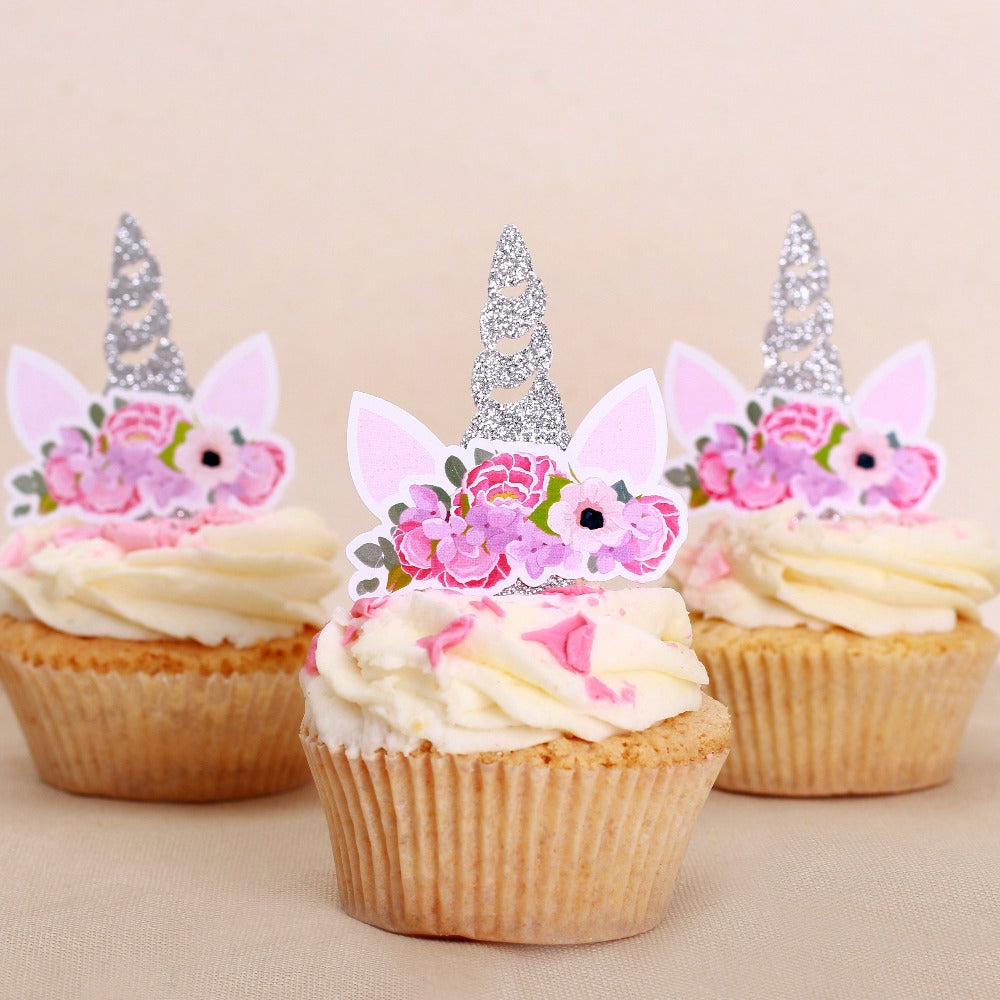 Silver glittered unicorn cupcake topper with pink flower wreath - XOXOKristen