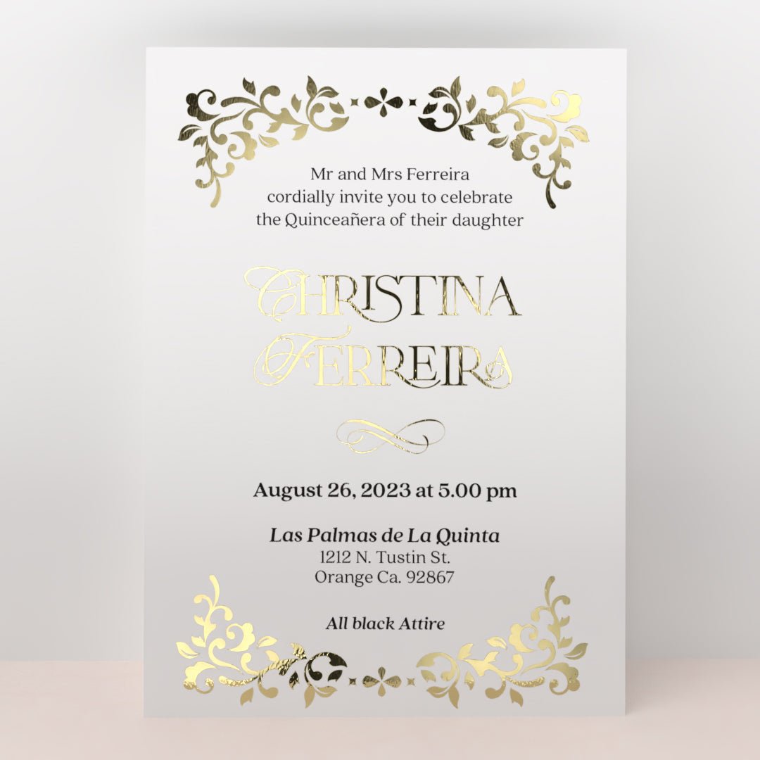 White Quinceanera Invitation with Gold Foil - XOXOKristen