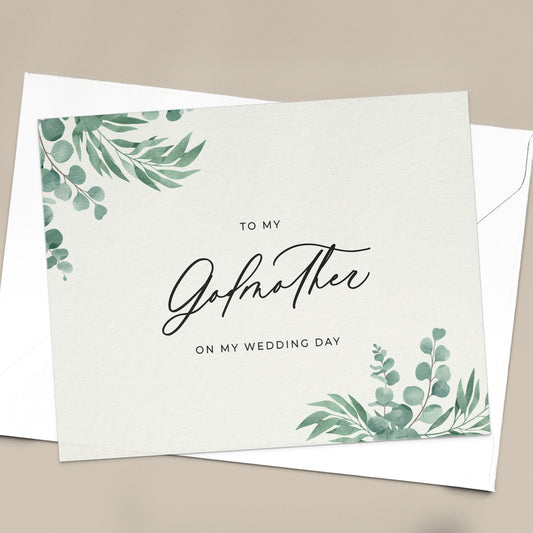 To my godmother on my wedding day note card in greenery design with eucalyptus leaves and calligraphy font from XOXOKristen.