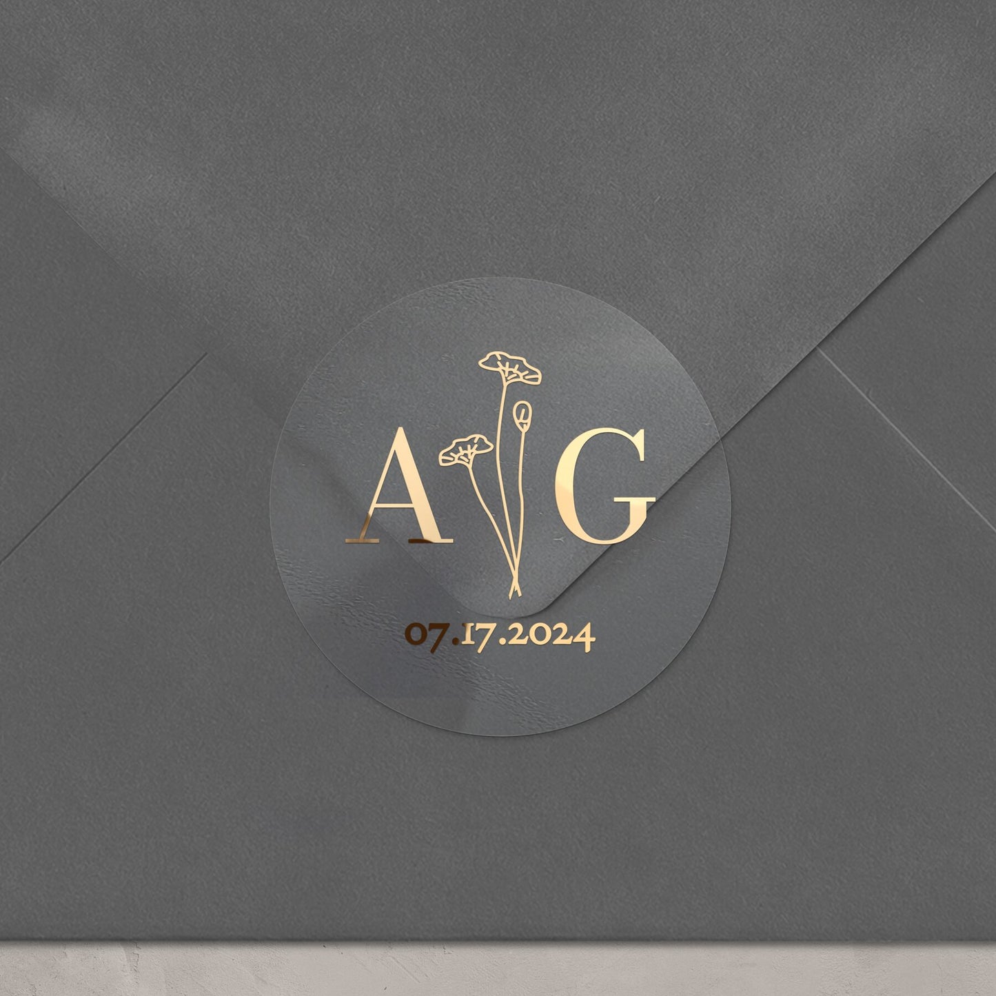 Elegant transparent sticker with initials, date and flowers for wedding invitations, seals and favors.