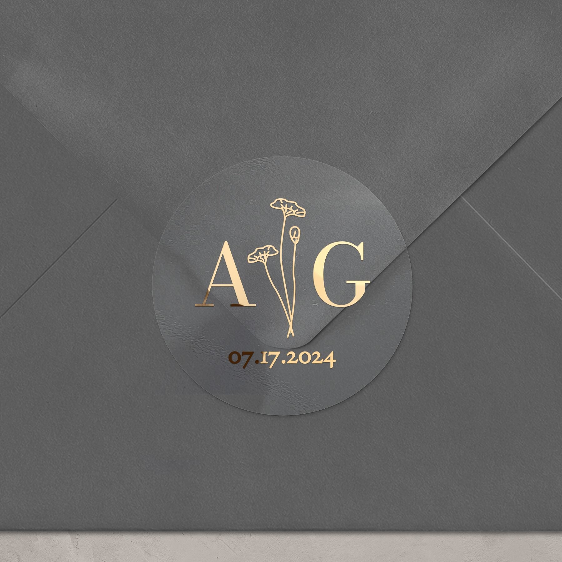 Elegant transparent sticker with initials, date and flowers for wedding invitations, seals and favors.