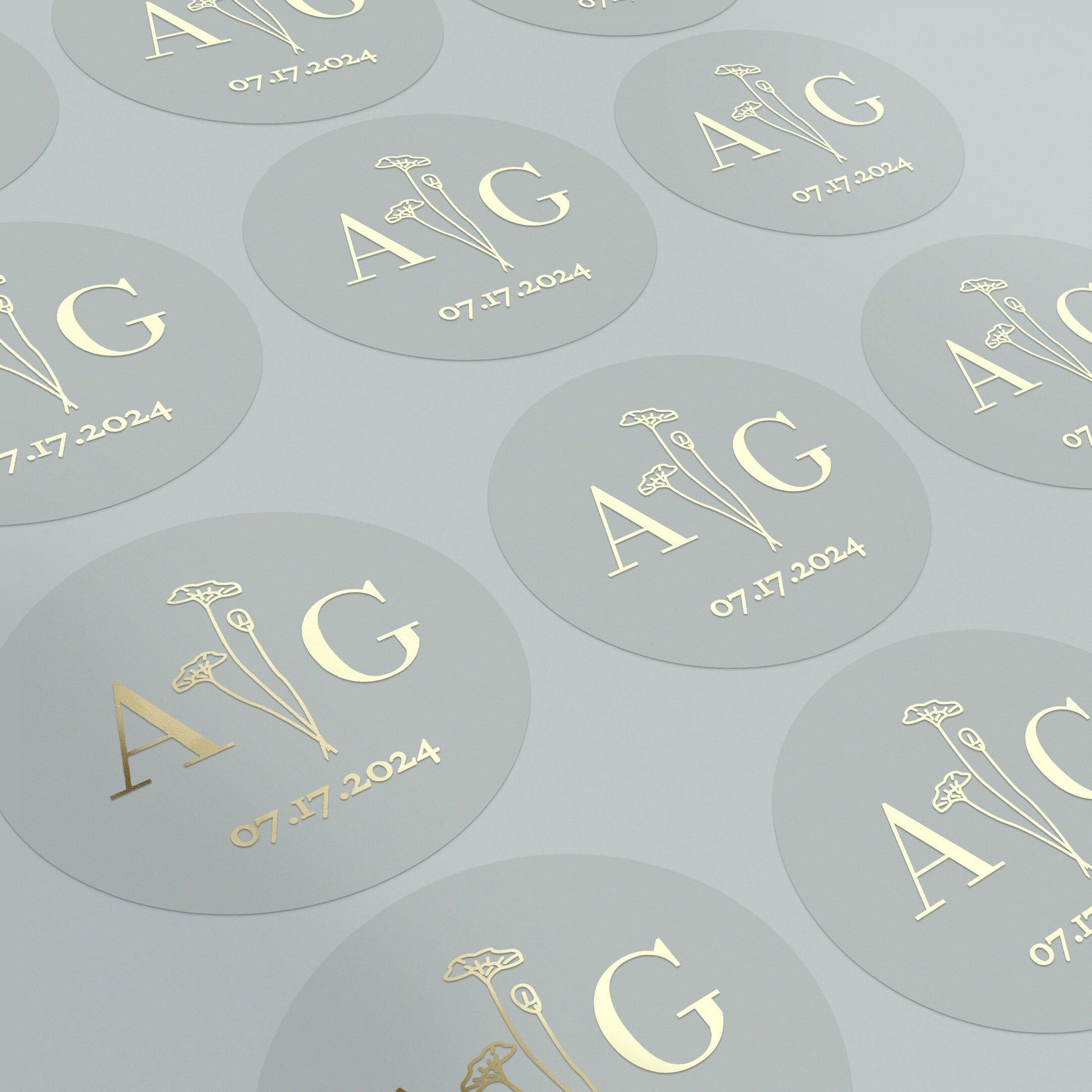 Elegant transparent sticker with initials, date and flowers for wedding invitations, seals and favors.