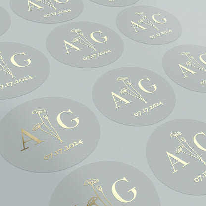 Elegant transparent sticker with initials, date and flowers for wedding invitations, seals and favors.