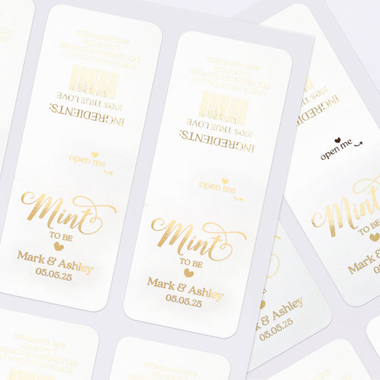 Modern calligraphy style mint to be wedding favor labels by XOXOKristen, personalized with names and wedding date, available in sparkling rose gold, gold, or silver foil, illustrating elegance and luxury for wedding favors.