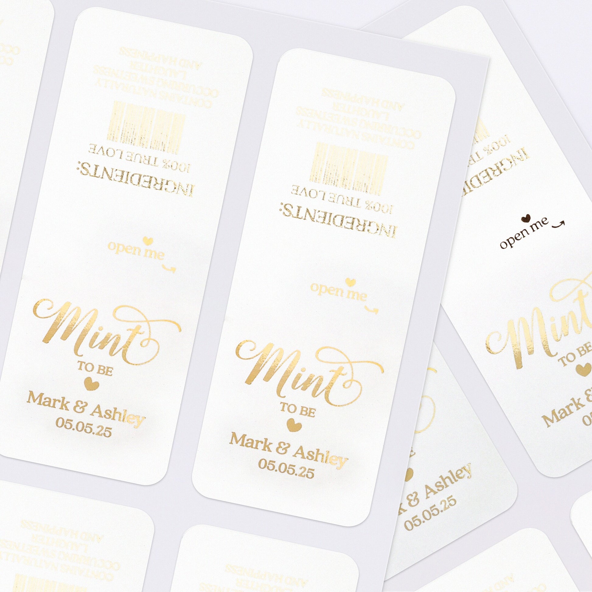 Modern calligraphy style mint to be wedding favor labels by XOXOKristen, personalized with names and wedding date, available in sparkling rose gold, gold, or silver foil, illustrating elegance and luxury for wedding favors.