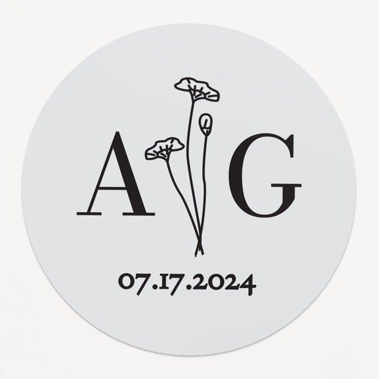 Elegant transparent sticker with initials, date and flowers for wedding invitations, seals and favors.