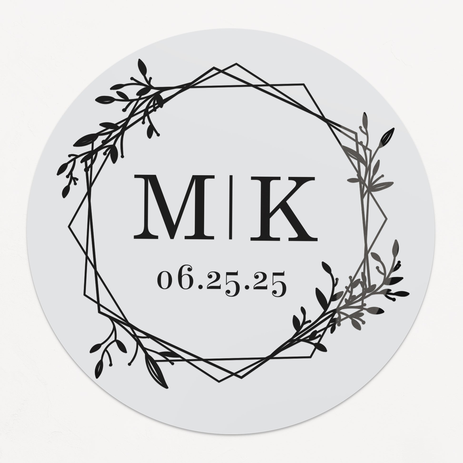 Minimalistic personalized wedding sticker with monograms, date, and floral frame on clear background