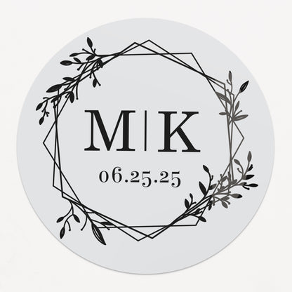 Minimalistic personalized wedding sticker with monograms, date, and floral frame on clear background