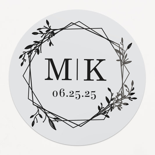 Minimalistic personalized wedding sticker with monograms, date, and floral frame on clear background