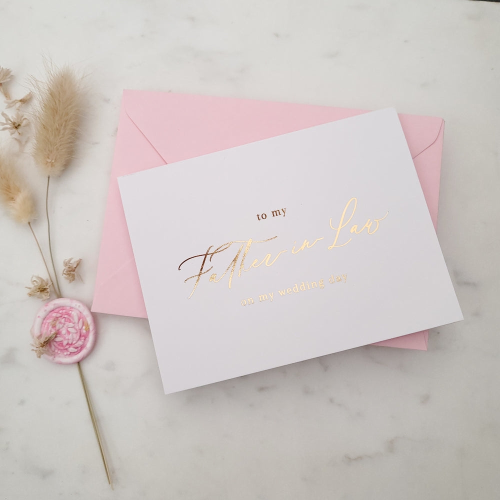 to my father in law on my wedding day note card with gold calligraphy - XOXOKristen