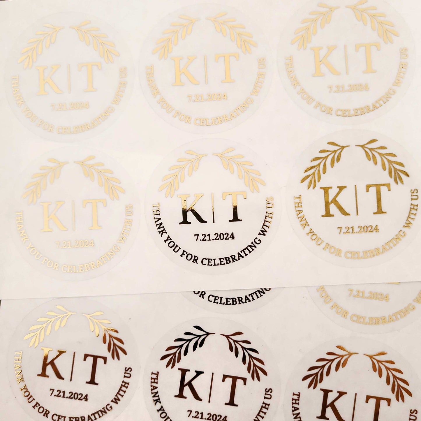 Elegant personalized wedding thank you sticker with custom initials and date.