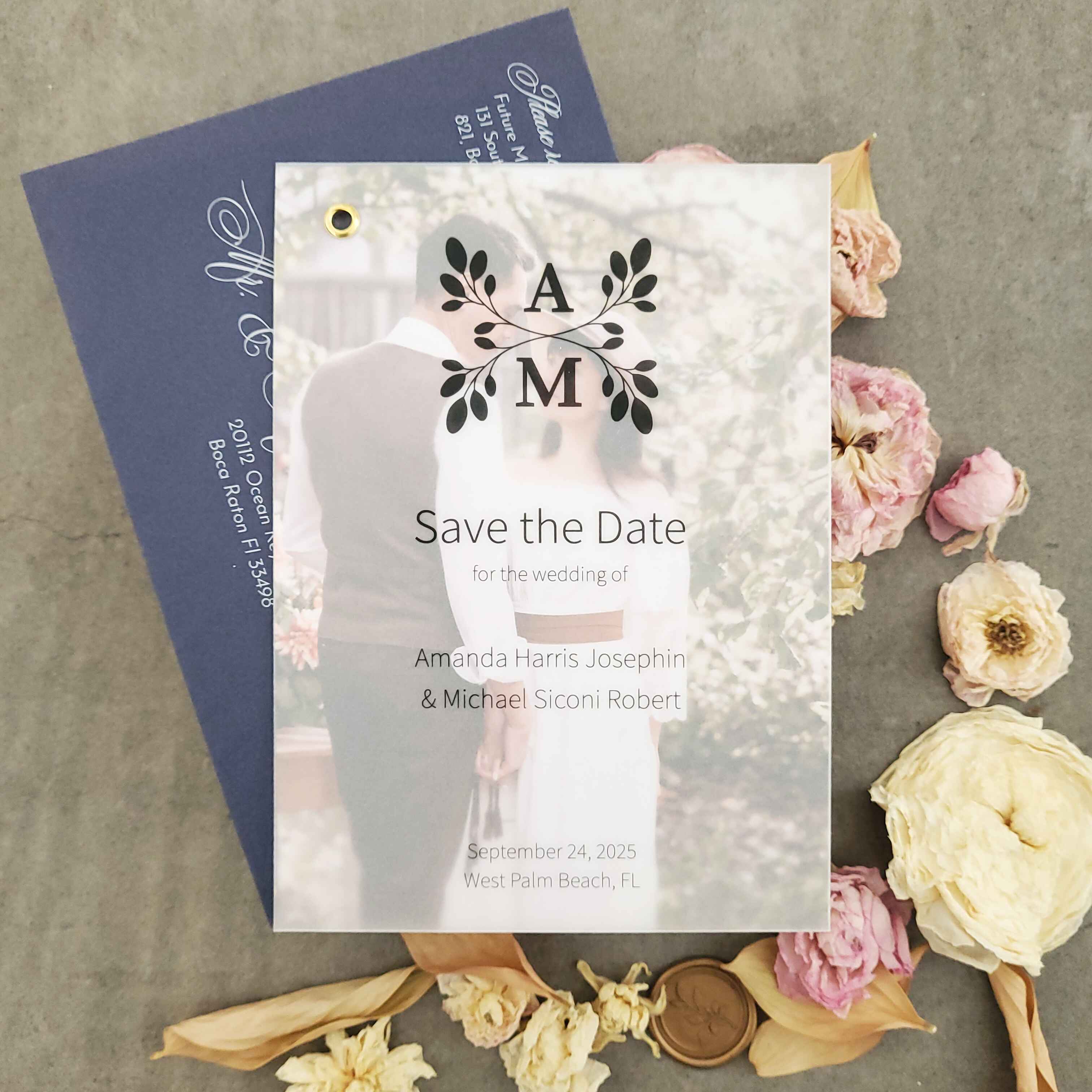 Classic vellum save-the-date photo card with custom monogram, elegant typography, and minimalist text printed on semi-transparent vellum paper, backed with a photo print.