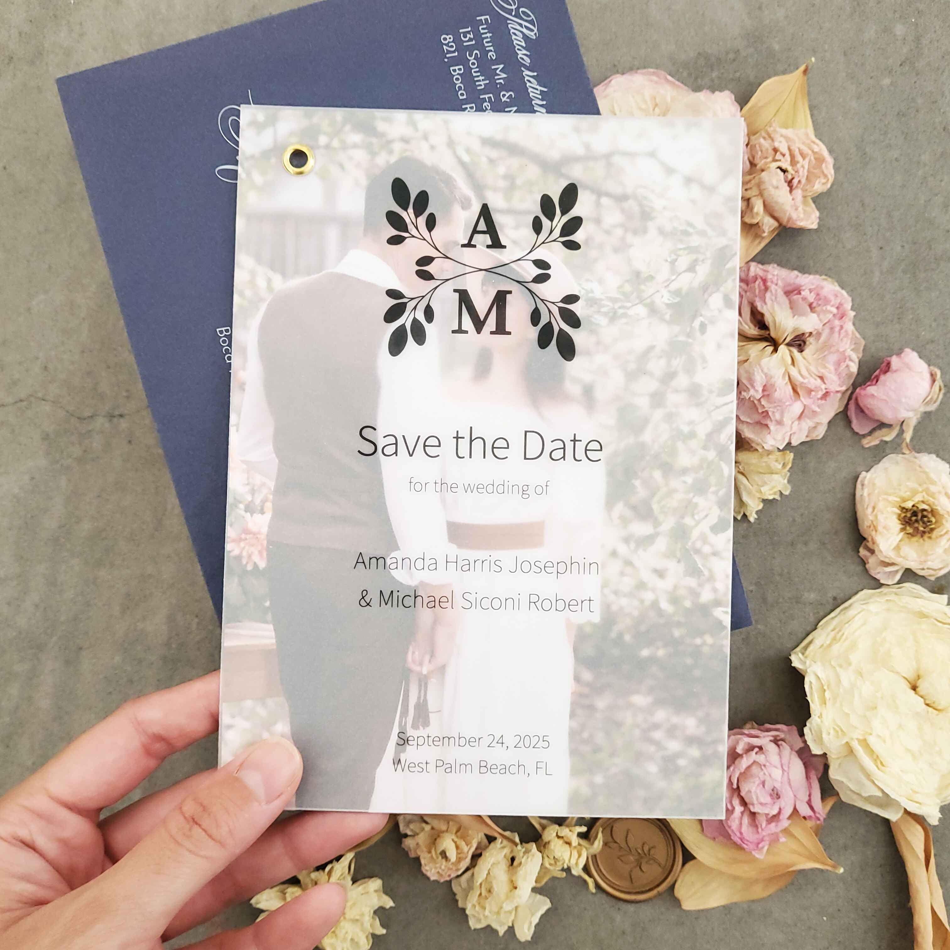 Classic vellum save-the-date photo card with custom monogram, elegant typography, and minimalist text printed on semi-transparent vellum paper, backed with a photo print.