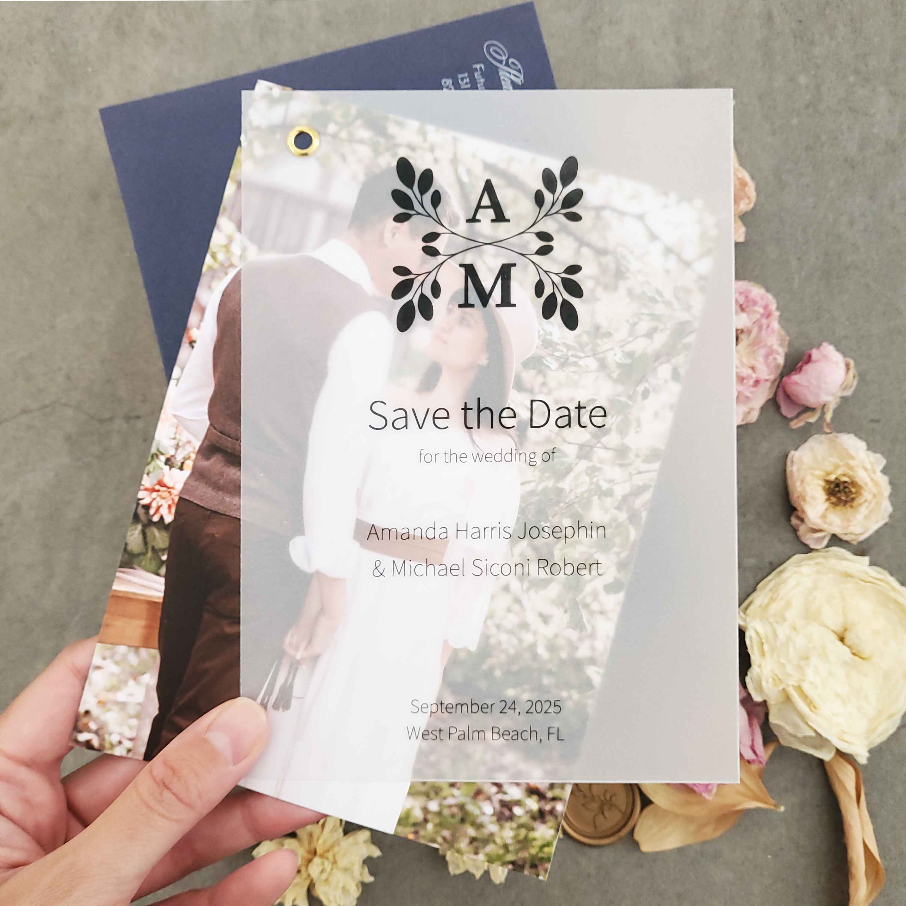 Classic vellum save-the-date photo card with custom monogram, elegant typography, and minimalist text printed on semi-transparent vellum paper, backed with a photo print.