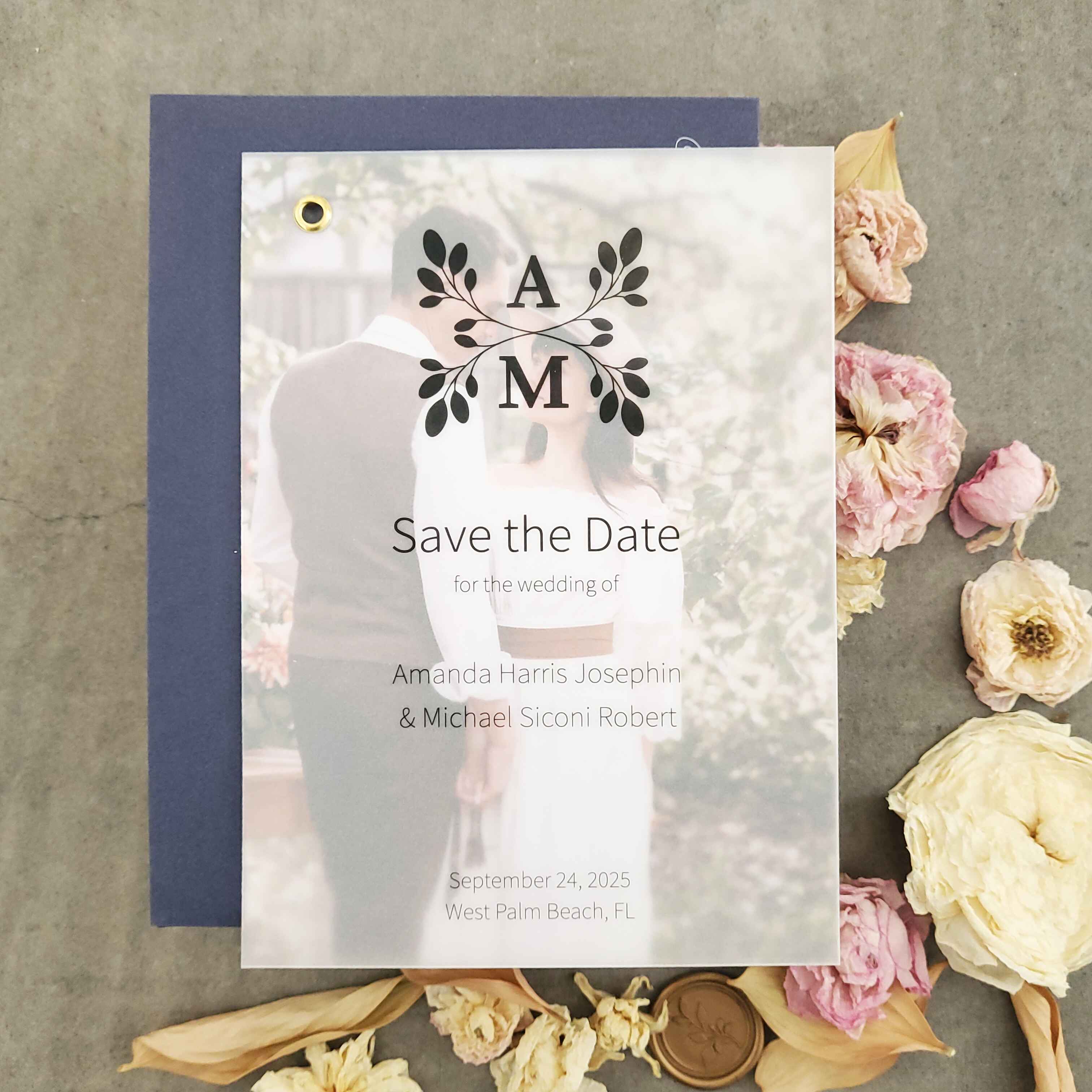 Classic vellum save-the-date photo card with custom monogram, elegant typography, and minimalist text printed on semi-transparent vellum paper, backed with a photo print.