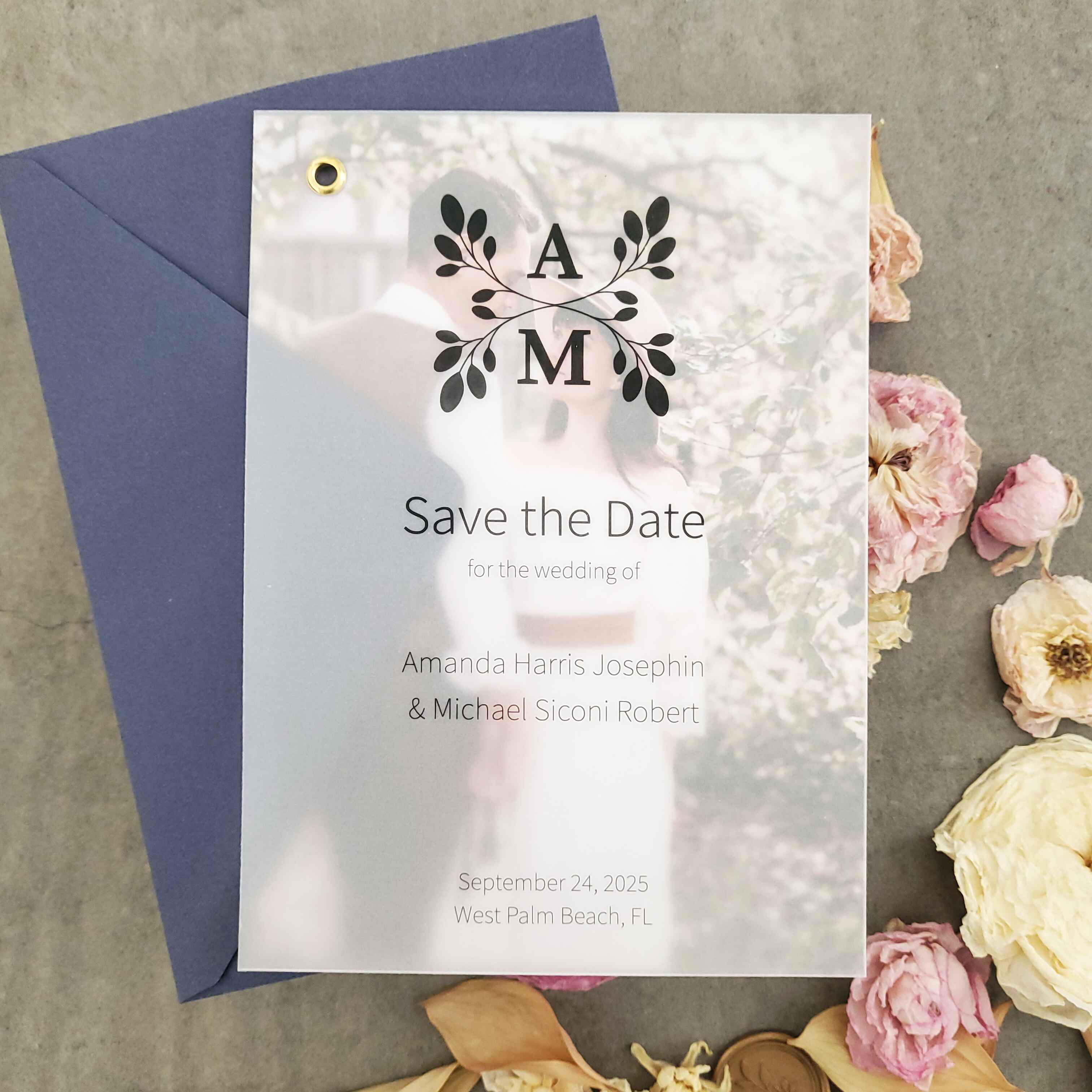 Classic vellum save-the-date photo card with custom monogram, elegant typography, and minimalist text printed on semi-transparent vellum paper, backed with a photo print.
