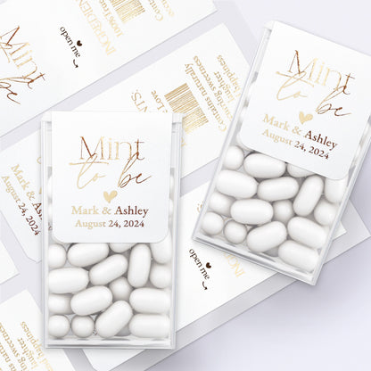 Elegant and modern calligraphy style Mint to Be wedding favor labels, with shimmering foiled heart in rose gold, gold, or silver, tailored for Tic Tac boxes, adding a luxurious touch to wedding gift bags and favors - XOXOKristen