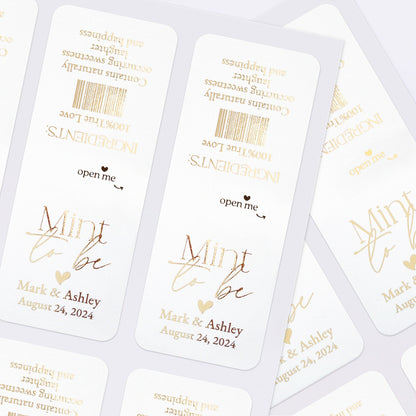 Elegant and modern calligraphy style Mint to Be wedding favor labels, with shimmering foiled heart in rose gold, gold, or silver, tailored for Tic Tac boxes, adding a luxurious touch to wedding gift bags and favors - XOXOKristen