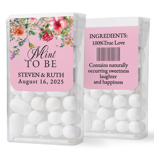 Personalized "Mint to Be" wedding favor stickers with pink spring flowers design