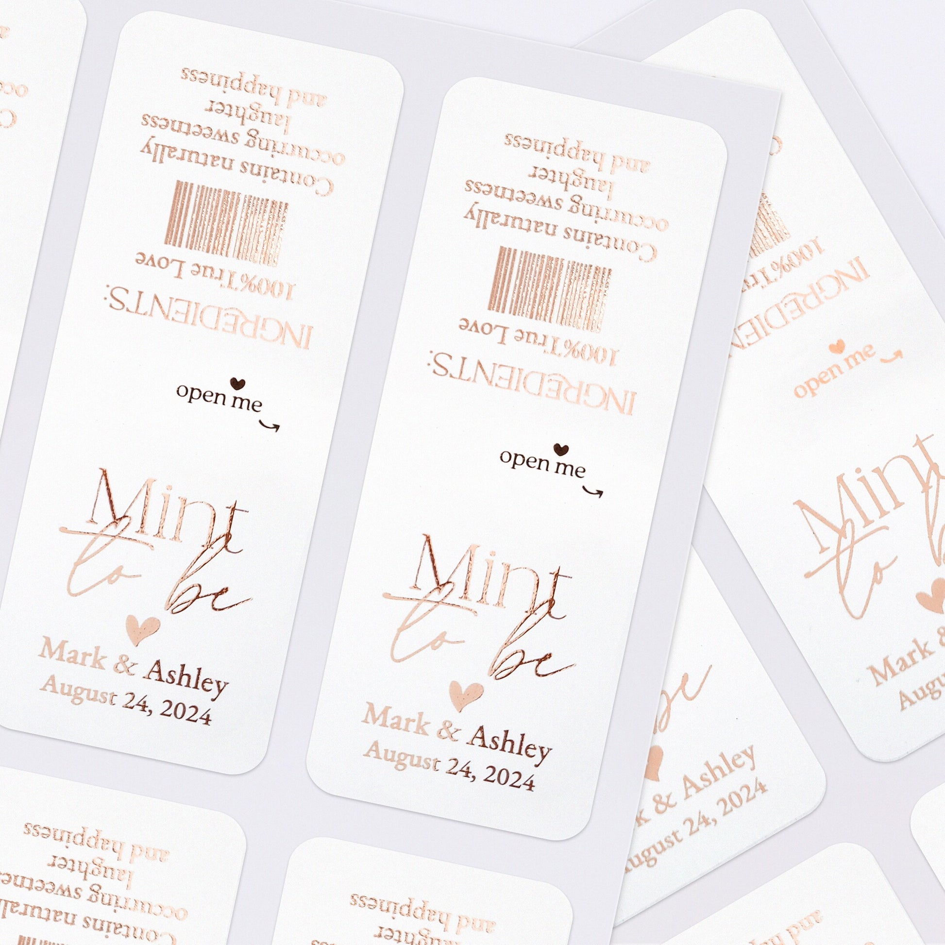 Elegant and modern calligraphy style Mint to Be wedding favor labels, with shimmering foiled heart in rose gold, gold, or silver, tailored for Tic Tac boxes, adding a luxurious touch to wedding gift bags and favors - XOXOKristen