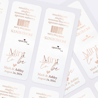 Elegant and modern calligraphy style Mint to Be wedding favor labels, with shimmering foiled heart in rose gold, gold, or silver, tailored for Tic Tac boxes, adding a luxurious touch to wedding gift bags and favors - XOXOKristen