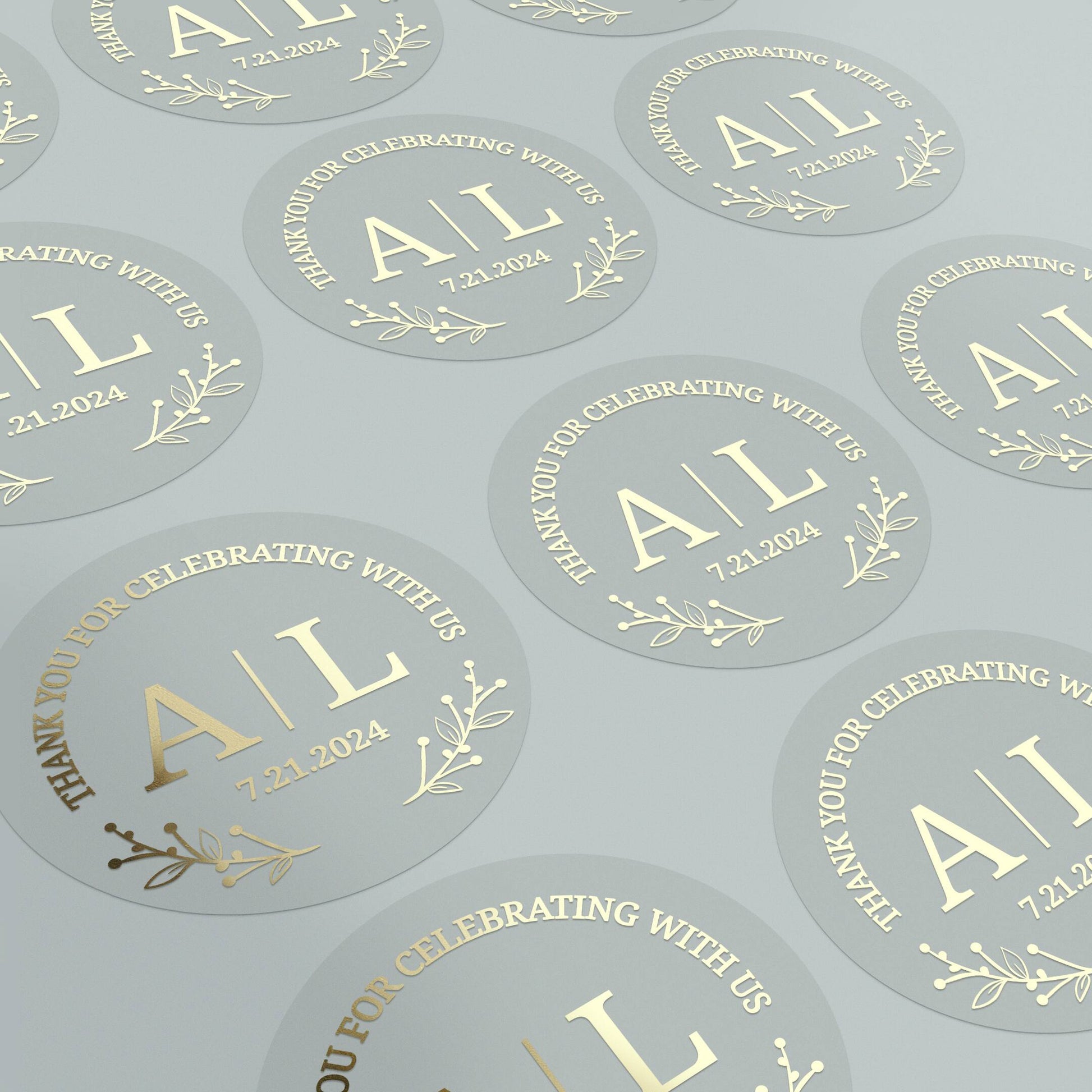 Thank You celebration sticker with gold initials and date with floral decorations. 