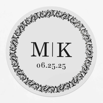 Personalized wedding sticker with monograms, date, and black ornate frame on clear background