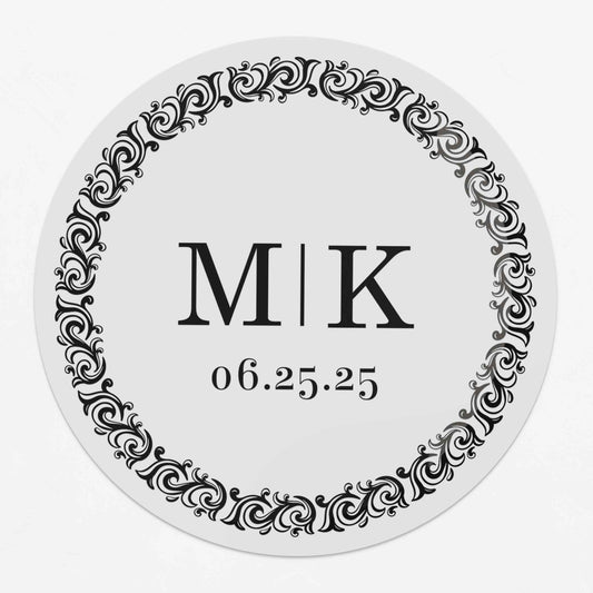 Personalized wedding sticker with monograms, date, and black ornate frame on clear background