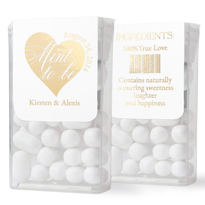 Elegant calligraphy style Mint to Be wedding favor labels with foiled heart in Rose Gold, Gold, or Silver, designed to fit standard Tic Tac boxes, adding a luxurious and personalized touch to wedding favors - XOXOKristen 