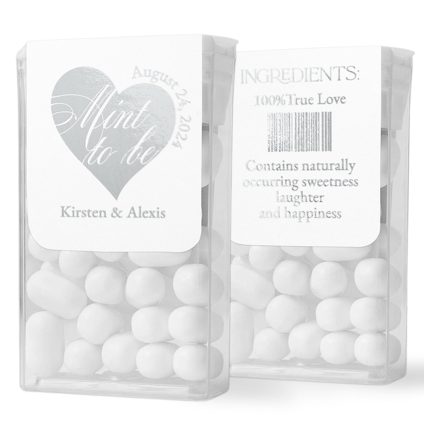 Elegant calligraphy style Mint to Be wedding favor labels with foiled heart in Rose Gold, Gold, or Silver, designed to fit standard Tic Tac boxes, adding a luxurious and personalized touch to wedding favors - XOXOKristen 