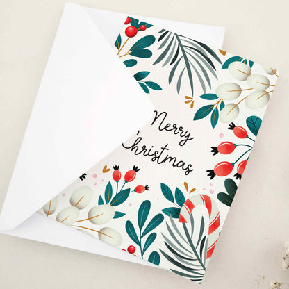 Share the warmth and joy of the holiday season with our beautiful 'Merry Christmas' card, featuring an elegant array of festive motifs including mistletoe, berries, and candy canes against a traditional winter backdrop, a perfect canvas for sending your holiday wishes.