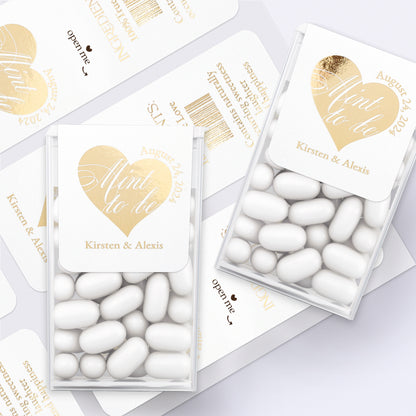 Elegant calligraphy style Mint to Be wedding favor labels with foiled heart in Rose Gold, Gold, or Silver, designed to fit standard Tic Tac boxes, adding a luxurious and personalized touch to wedding favors - XOXOKristen 