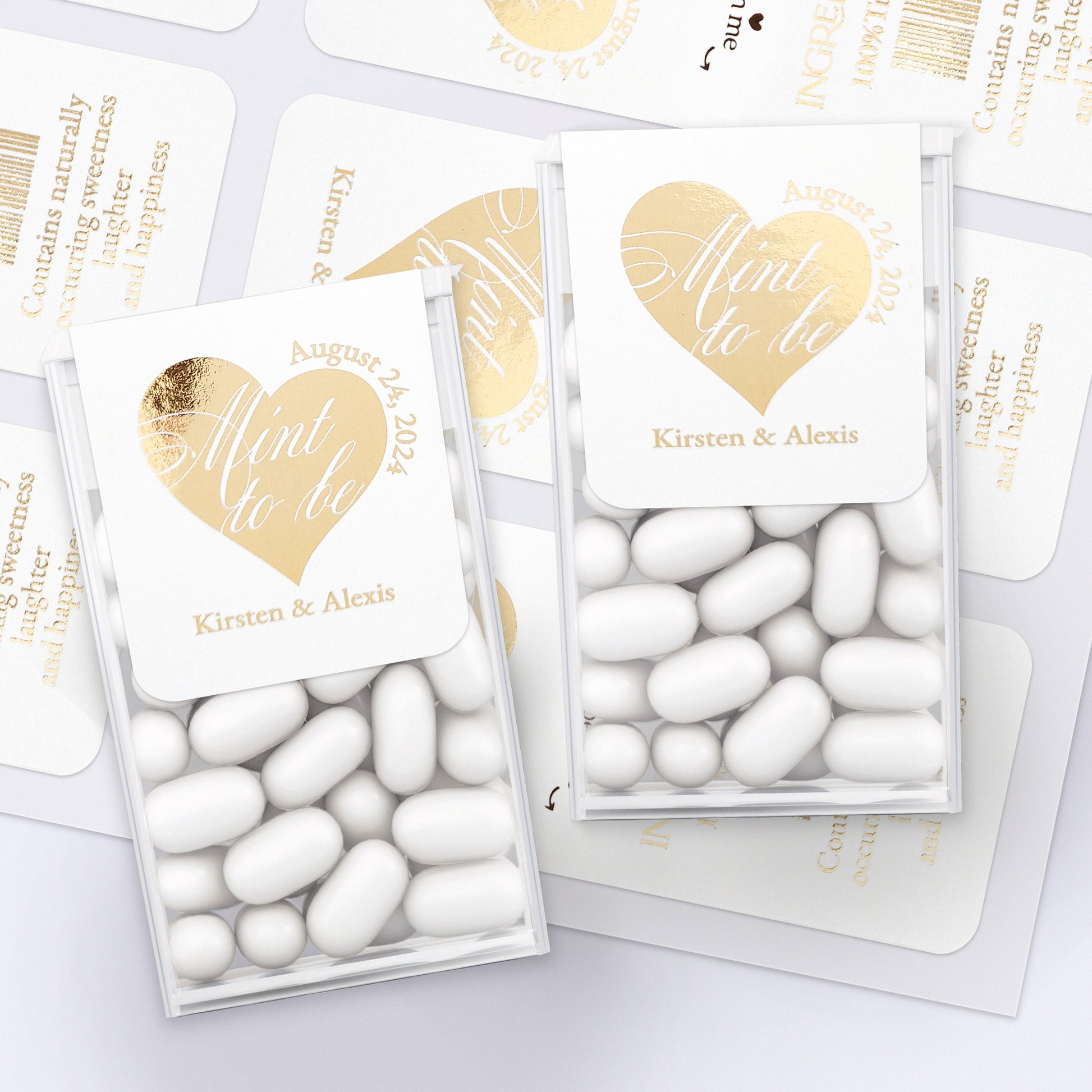 Elegant calligraphy style Mint to Be wedding favor labels with foiled heart in Rose Gold, Gold, or Silver, designed to fit standard Tic Tac boxes, adding a luxurious and personalized touch to wedding favors - XOXOKristen 