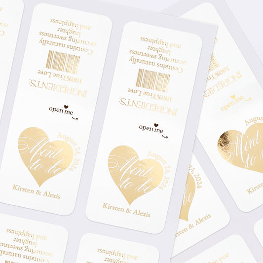 Elegant calligraphy style Mint to Be wedding favor labels with foiled heart in Rose Gold, Gold, or Silver, designed to fit standard Tic Tac boxes, adding a luxurious and personalized touch to wedding favors - XOXOKristen 