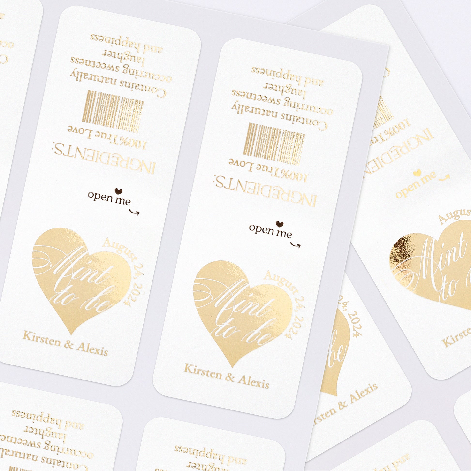 Elegant calligraphy style Mint to Be wedding favor labels with foiled heart in Rose Gold, Gold, or Silver, designed to fit standard Tic Tac boxes, adding a luxurious and personalized touch to wedding favors - XOXOKristen 