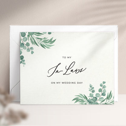 To my in-laws on my wedding day note card in greenery design with eucalyptus leaves and calligraphy font from XOXOKristen.