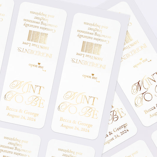 Elegant firytale calligraphy mint to be wedding favor labels by XOXOKristen, designed for mini Tic Tac boxes, available in sparkling rose gold, gold, or silver foil, adding a touch of luxury and personalization to wedding favors.