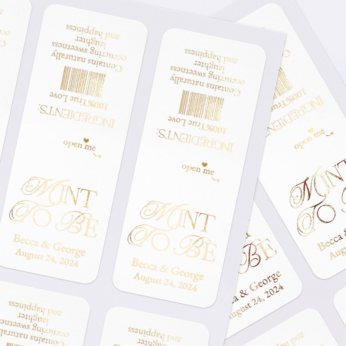 Elegant firytale calligraphy mint to be wedding favor labels by XOXOKristen, designed for mini Tic Tac boxes, available in sparkling rose gold, gold, or silver foil, adding a touch of luxury and personalization to wedding favors.