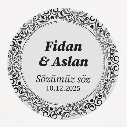 Personalized gold-foil commitment sticker with names, message, and date