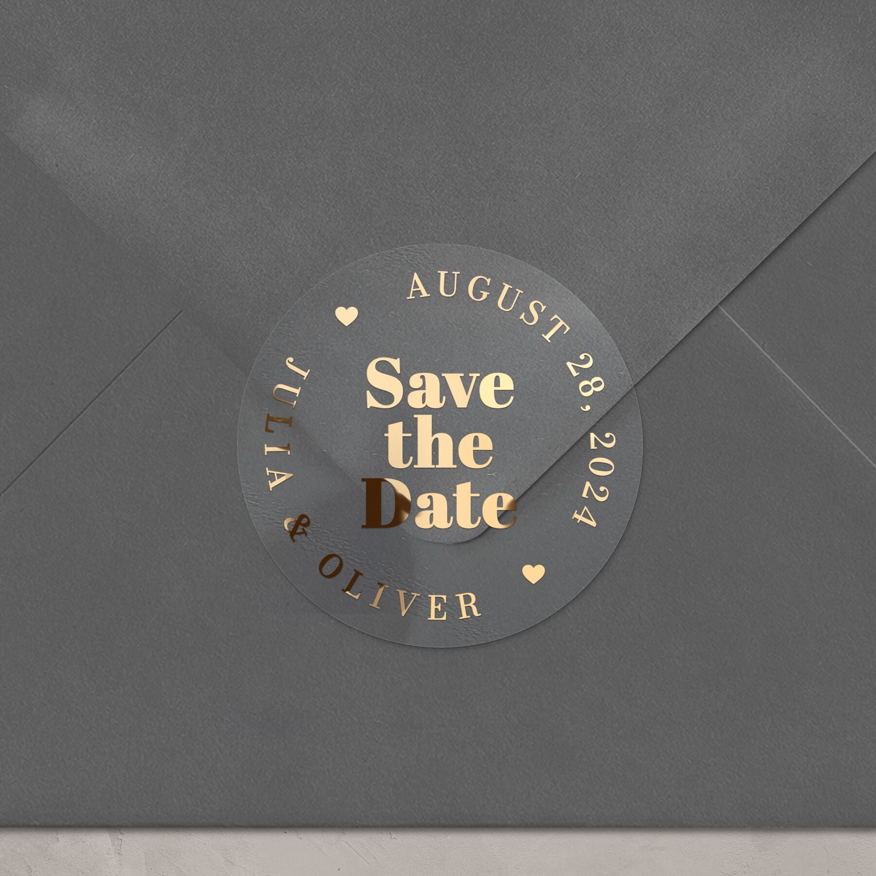 Chic 'Save the Date' round sticker with hearts and customizable date and names in foiled text