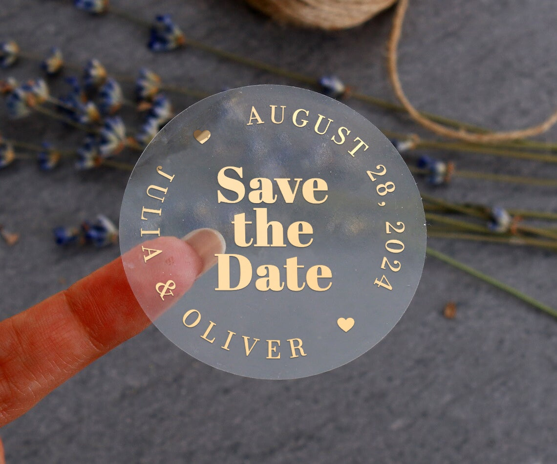 Chic 'Save the Date' round sticker with hearts and customizable date and names in foiled text