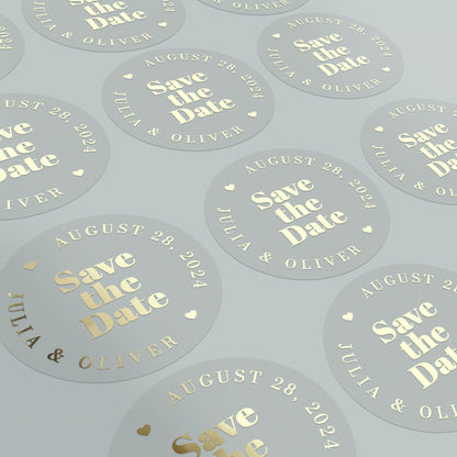 Chic 'Save the Date' round sticker with hearts and customizable date and names in foiled text