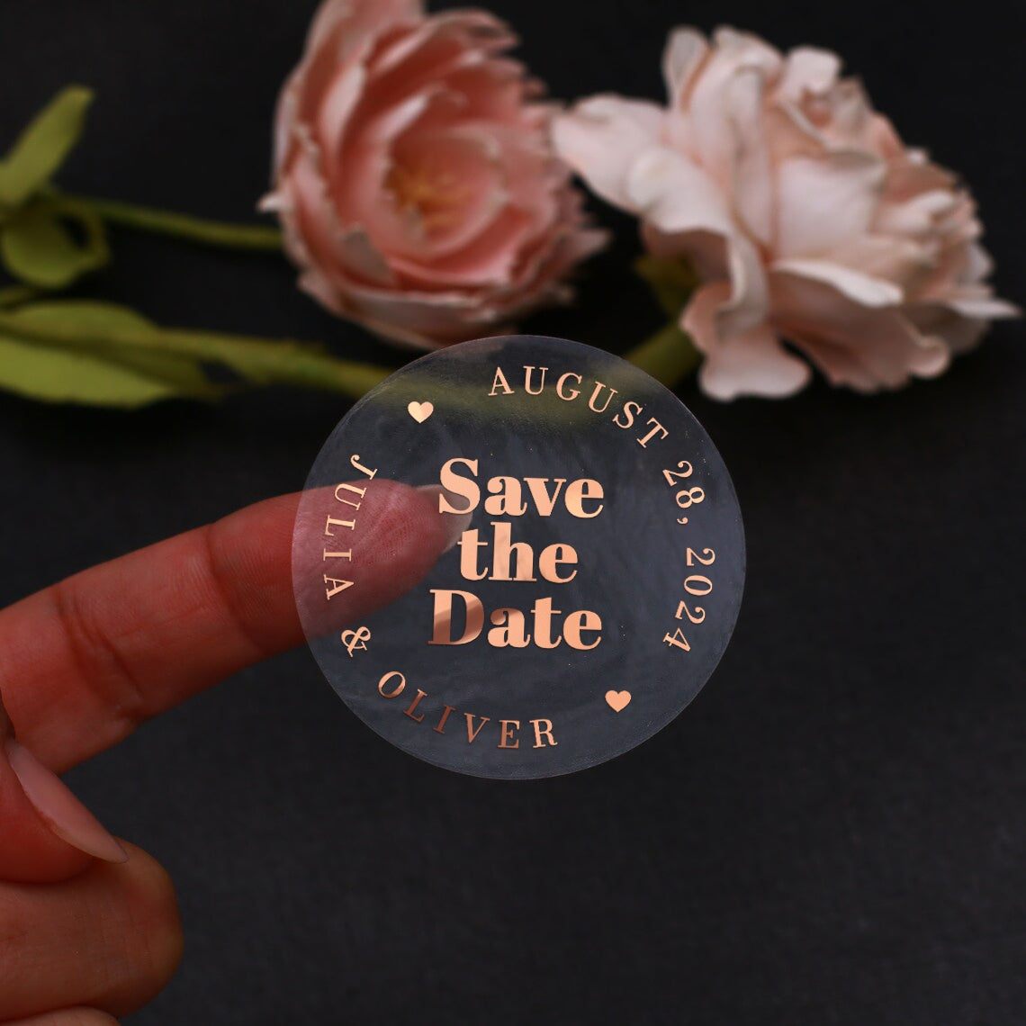 Chic 'Save the Date' round sticker with hearts and customizable date and names in foiled text